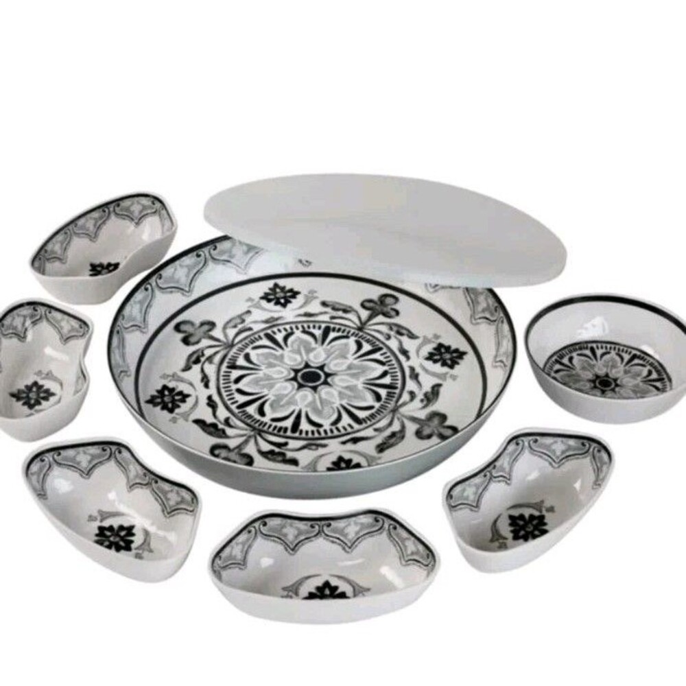 7 Piece Melamine Lazy Susan With Cover Divided Serving Dishes Grey new 2026